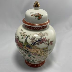 RARE Japan Satsuma Porcelain Temple Jar Lid Peacock Gold Cloisonné Style Asian